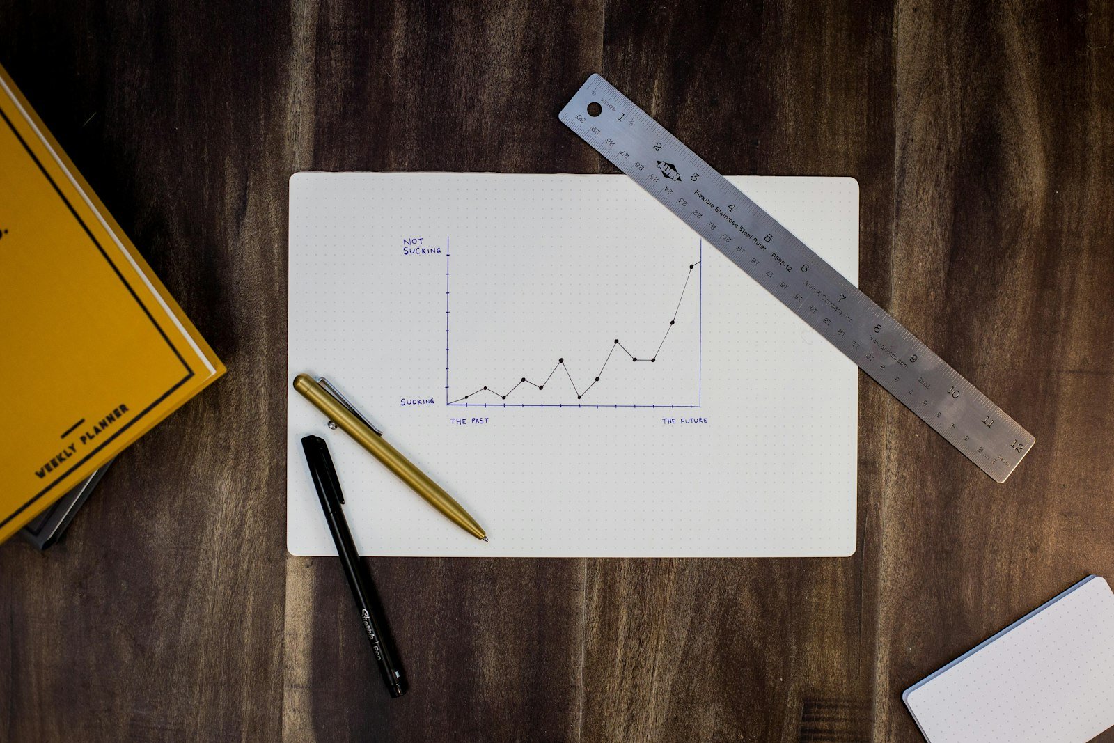 A hand-drawn growth chart beside a ruler and pens on a wooden desk