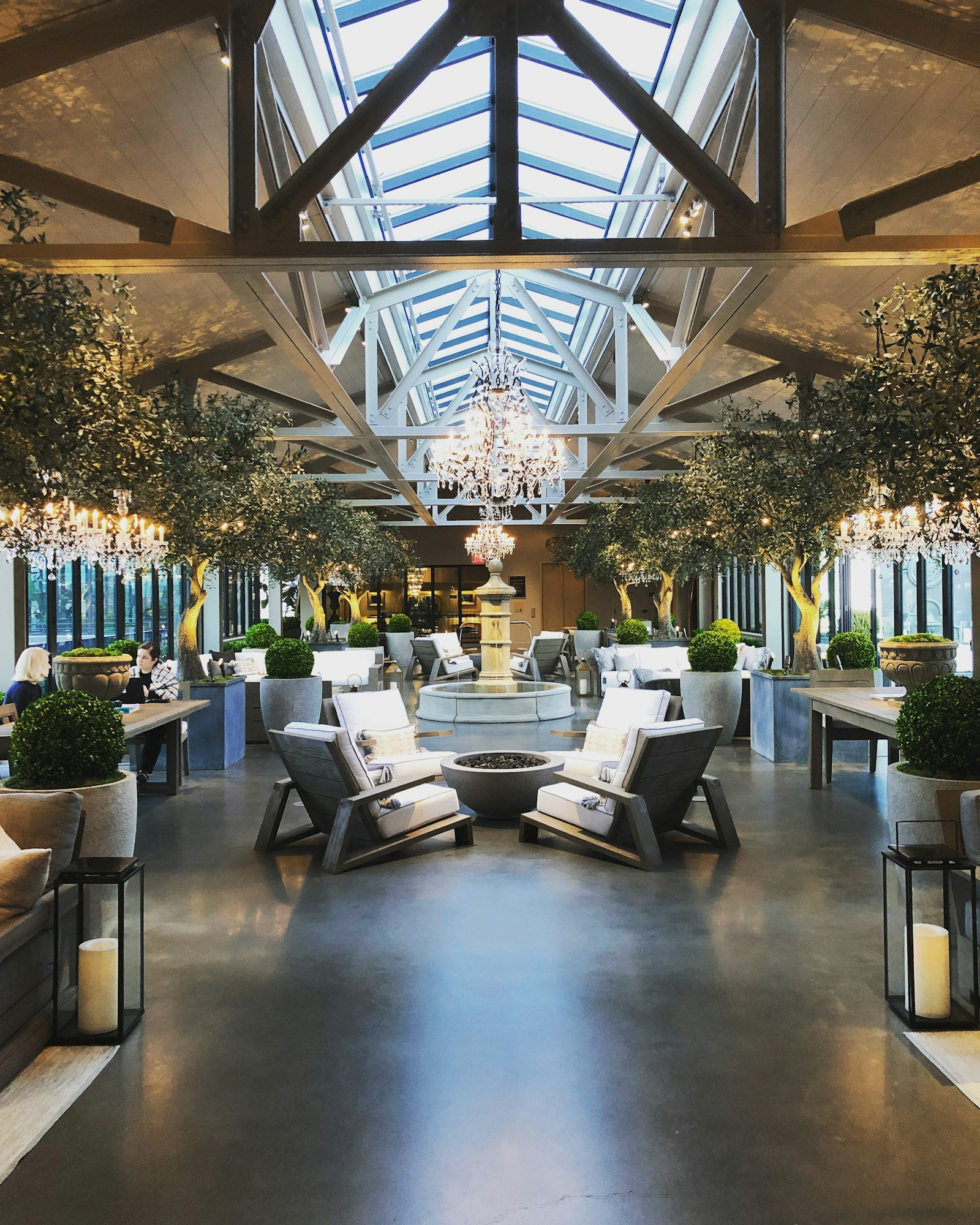 Sunlit community atrium lounge with a fountain, olive trees, and a glass timber-framed ceiling
