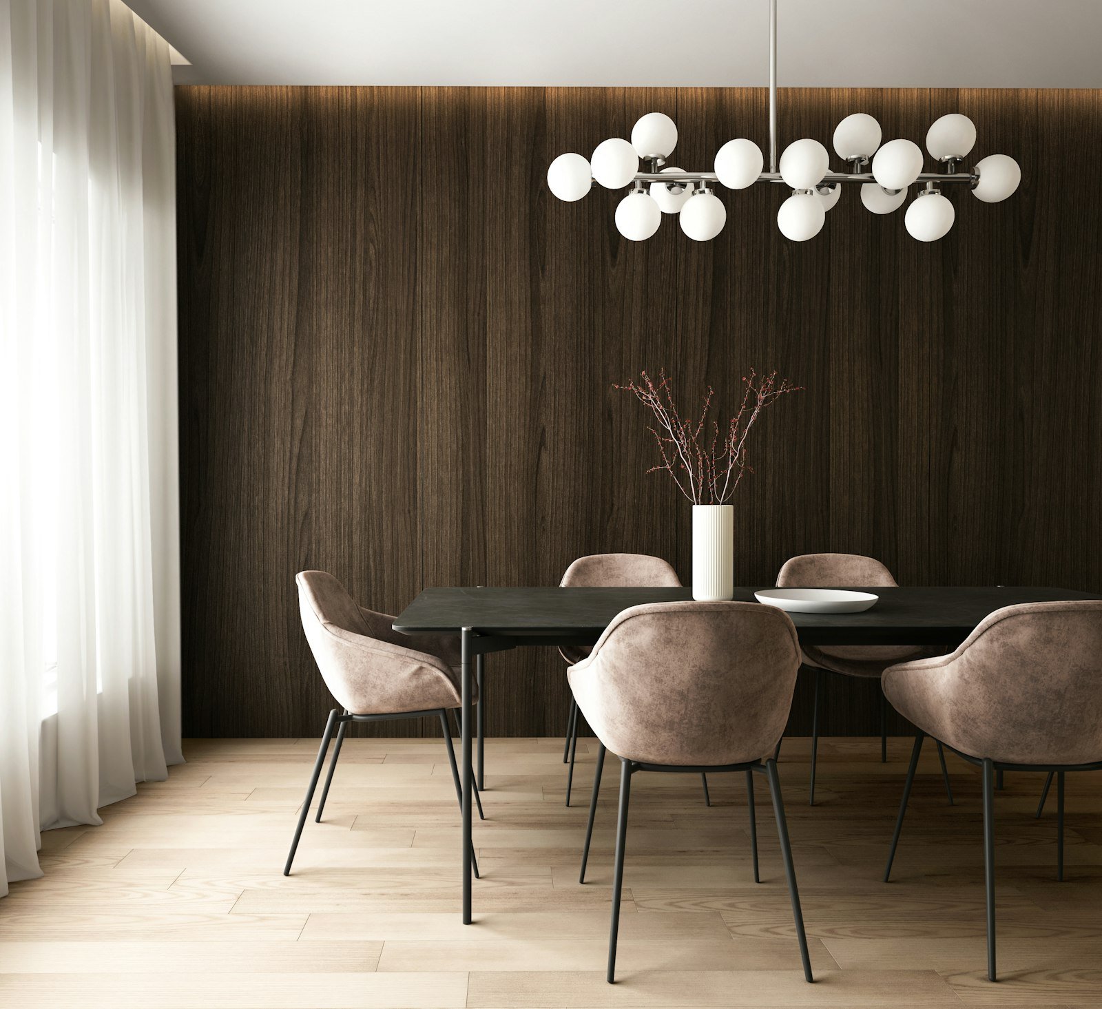 A warmly lit senior living dining room with wood paneling and designer lighting
